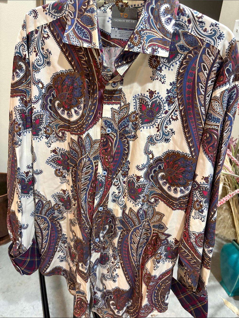 Thomas Dean Cream Paisley Button-Down Shirt with Burgundy & Navy Accents